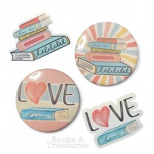Book Lover Pin & Sticker Set Hand Drawn